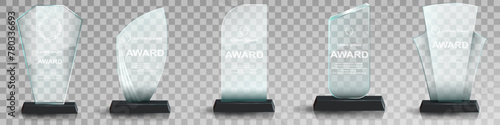 Glass award trophy set. Transparent prize template. Winner first place concept. Vector illustration. Winner glass trophy. First place award, crystal prize and signed acrylic trophies. Glass awarding t