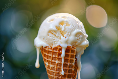 Melting Vanilla Ice Cream Cone with Creamy Drips in Focus, Summer Treat Concept