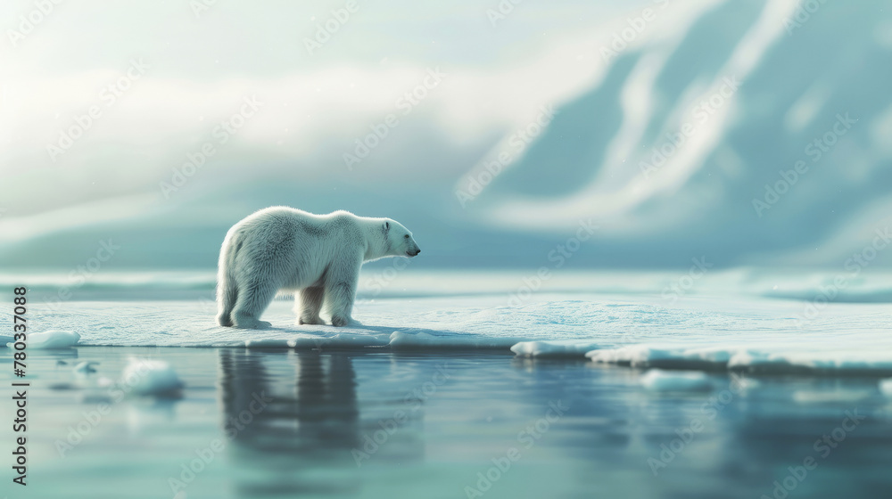 Solitary polar bear on a shrinking ice cap, stark representation of global warming effects