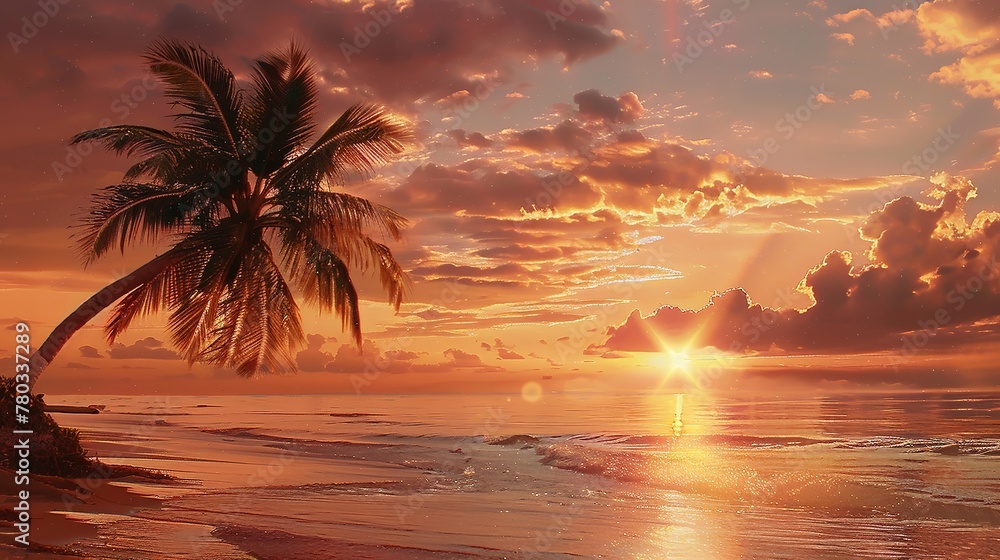 At sunset time on the tropical beach and sea with coconut palm tree ,Generative ai, 