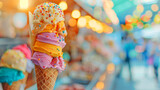 Vibrant stacked ice cream cones with colorful sprinkles against a blurred background in a festive setting