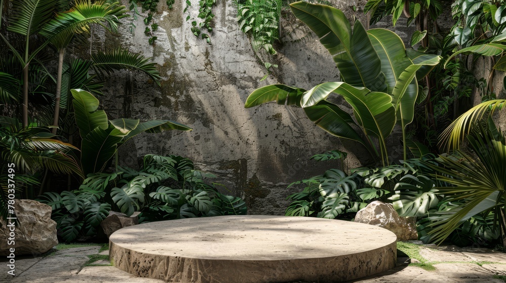 Elegant and bare stone podium, accentuated by a vivid tropical foliage background, premium 3D render Elegant and bare stone podium, accentuated by a vivid tropical foliage background, premium 3D render