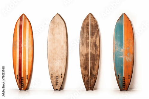 collection of Vintage Wooden Fishboard Surfboards, retro bohemian style, isolate on white background
