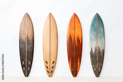 collection of Vintage Wooden Fishboard Surfboards, retro bohemian style, isolate on white background photo