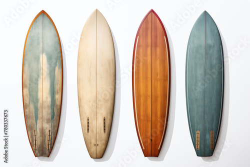 collection of Vintage Wooden Fishboard Surfboards, retro bohemian style, isolate on white background photo