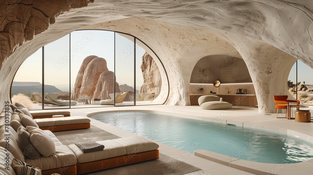 Luxury Cave Pool Interior with Panoramic Desert View