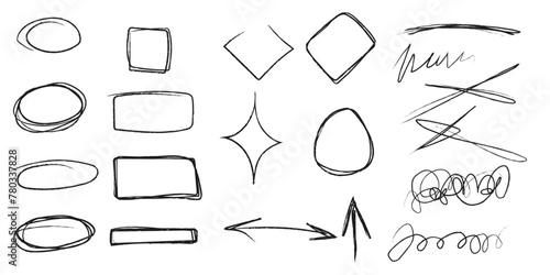 Grunge scrawls, charcoal scribbles, rough brush strokes, underlines strikethroughs. Bold charcoal freehand stripes and ink shapes. Crayon or marker scribbles. Vector illustration 