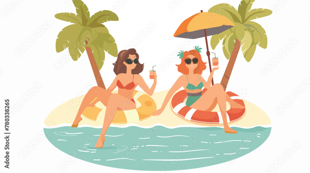 Girlfriends on Tropical Resort Vector Illustration.