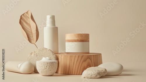 Neutral Toned Skincare Product Mockup Presentation on Wooden Platform