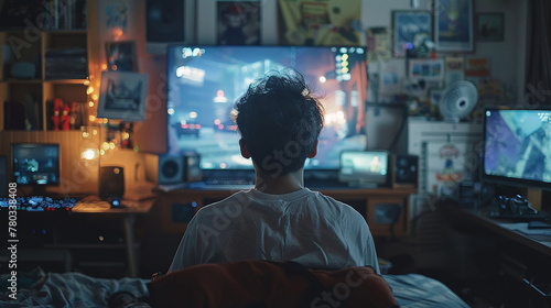 Teenage boy sitting on bed in bedroom playing online