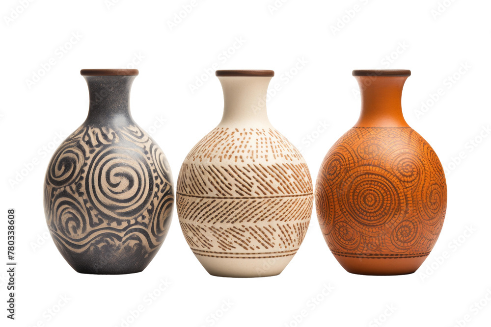 Three Vases Displayed Together. On a White or Clear Surface PNG Transparent Background. Three Vases Displayed Together. On a White or Clear Surface PNG Transparent Background.