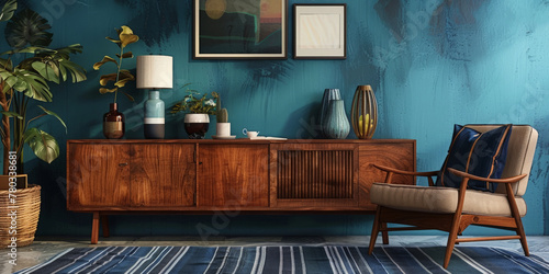  a wooden cabinet and chair, striped pillow on the sideboard, teak wood, oak slats a teal wall background, midcentury modern style, 