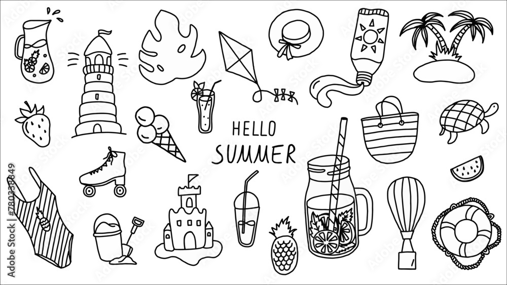 Obraz premium Hello Summer Doodle Collection Featuring Seasonal Icons and Leisure Activities