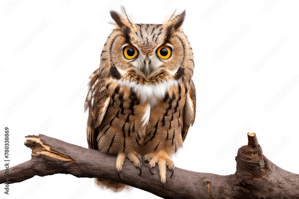 Obraz premium Owl Perched on Tree Branch. On a White or Clear Surface PNG Transparent Background.
