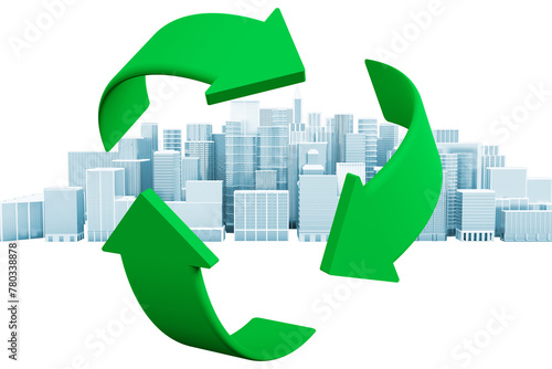 PNG. Trasparente. Simbolo riciclaggio. Mondo pulito e ecologico, con sfondo di città. photo