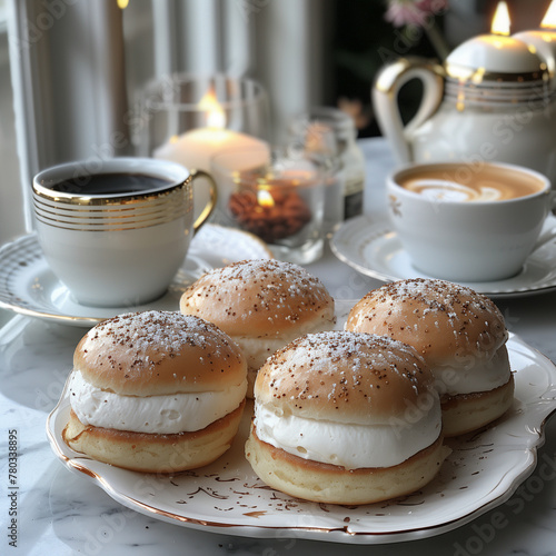 Four Semlas with coffee and tea on a marble table