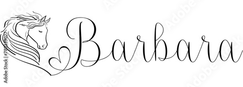 Barbara - black color - name written - vector graphics with stylized horse with heart - for websites, greetings, banners, cards,tag, t-shirt, sweatshirt, prints, cricut, silhouette,