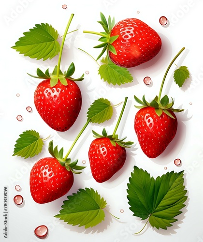 Illustration set of strawberries with vines isolated on white background