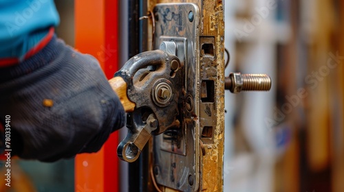A locksmith at work repairing a hasp and round latch, close-up on the tools and techniques for secure window and door installation photo