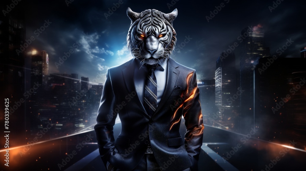 A tiger, symbolizing authority and elegance, clad in a full-length business suit against a dark, mysterious backdrop, Futuristic