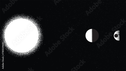 Solar eclipse .Star and moon in space. Futuristic landscape, with noise texture . Night landscape .Vector illustration