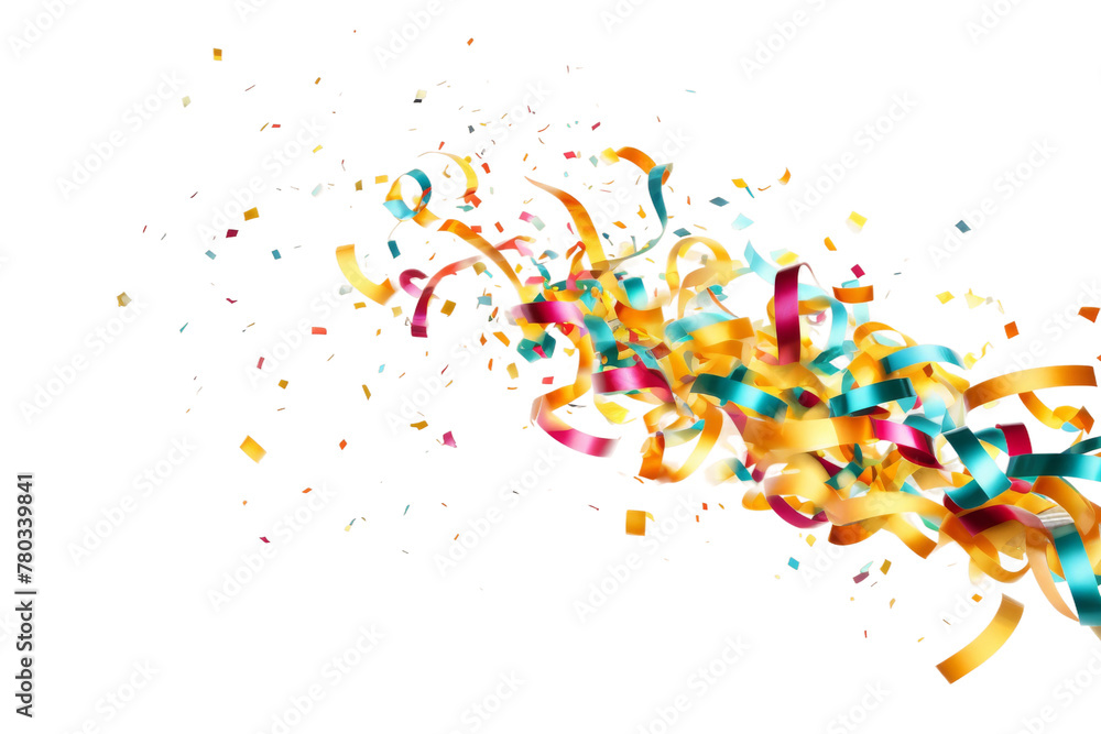 Cascade of Streamers and Confetti. On a White or Clear Surface PNG Transparent Background.