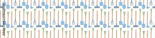 Seamless pattern with garden equipment: shovels, spades, rakes, hoes, pitchforks. Vector backgrounds and textures with tools for working on the farm, in dacha, country site in flat doodle style.