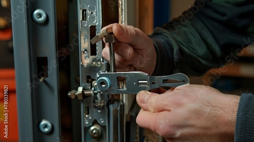 Close-up on a locksmith installing a panic latch, emphasizing the precision in repair and replacement services for door security