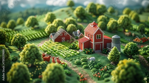 3d isometric illustration of a farm with a red barn, silo and vegetable garden, surrounded by trees and animals photo
