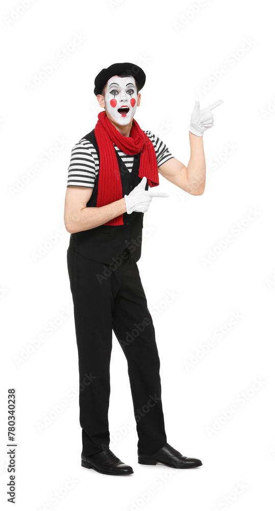 Funny mime artist in beret pointing at something on white background Funny mime artist in beret pointing at something on white background