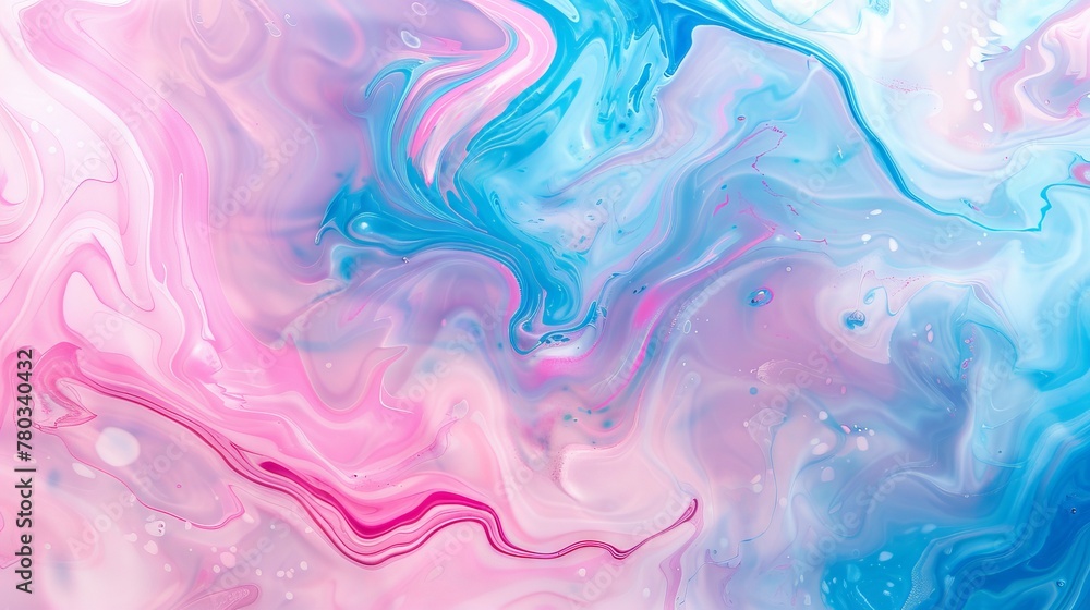 Abstract background with pink and blue swirls of liquid paint. Pastel colored fluid art painting. Modern wallpaper for interior design, decoration, and poster print. Trendy fashion illustration backgr