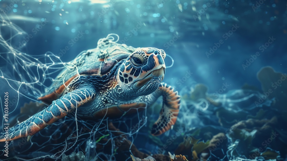 A scene of a sea turtle caught in a plastic fishing net amidst a polluted underwater environment A scene of a sea turtle caught in a plastic fishing net amidst a polluted underwater environment