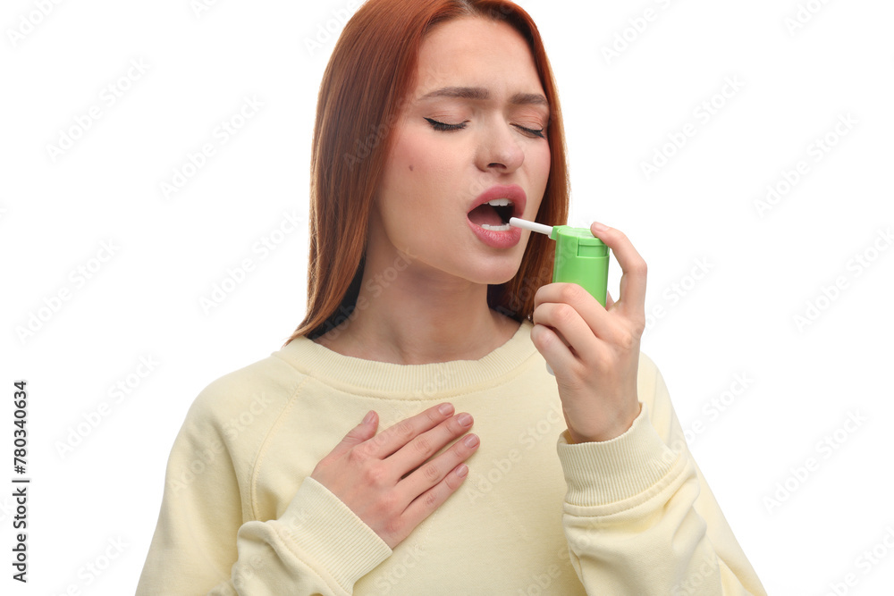 Young woman using throat spray on white background Young woman using throat spray on white background