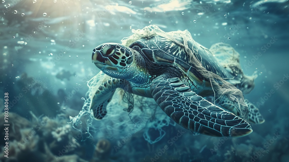 Fototapeta premium A scene of a sea turtle caught in a plastic fishing net amidst a polluted underwater environment