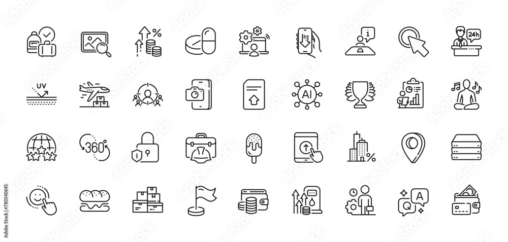 Reception desk, Inflation and Report line icons pack. AI, Question and Answer, Map pin icons. Ice cream, Online job, Mortgage web icon. Vector - obrazy, fototapety, plakaty 