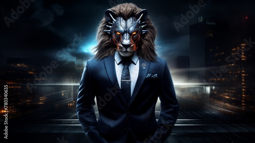 Full-length shot of a lion exuding power and sophistication, clad in a business suit against a dark, enigmatic background, Futuristic photo