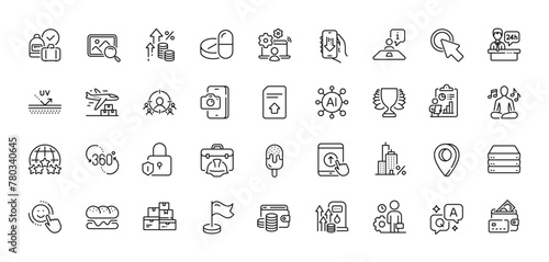 Reception desk, Inflation and Report line icons pack. AI, Question and Answer, Map pin icons. Ice cream, Online job, Mortgage web icon. Vector