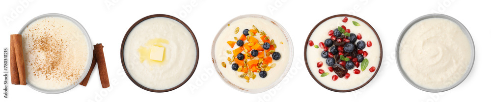 Set of cooked semolina porridge in bowls on white background, top view Set of cooked semolina porridge in bowls on white background, top view