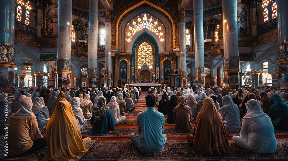Muslims gathered for prayer in the grand mosque's ornate interior with arabesque patterns during a peaceful religious ceremony Muslims gathered for prayer in the grand mosque's ornate interior with arabesque patterns during a peaceful religious ceremony