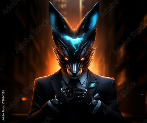 With a dark, enigmatic backdrop, a fox in a full-length business suit embodies both authority and elegance, presenting a striking portrait concept, Futuristic