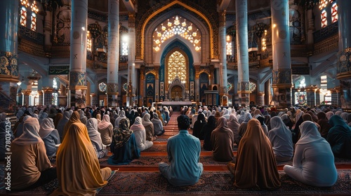 Muslims gathered for prayer in the grand mosque's ornate interior with arabesque patterns during a peaceful religious ceremony