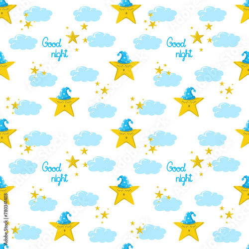Cute seamless pattern with sleeping star in nightcap on clouds background and good night lettering.