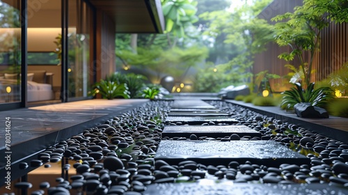 Modern House Entrance With Stepping Stones and Lush Greenery