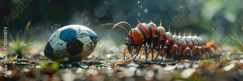 a Centipede playing with football beautiful animal photography like living creature
