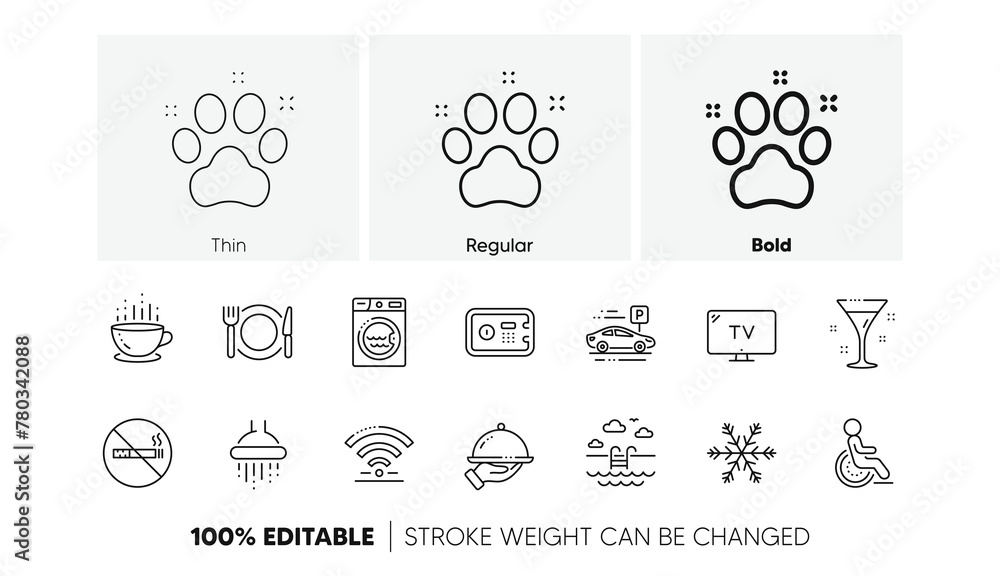 Fototapeta premium Wi-Fi, Air conditioning and Washing machine. Hotel service line icons. Pets, swimming pool and hotel parking icons. Linear set. Line icons set. Vector