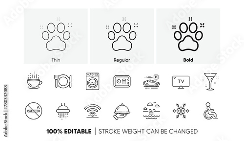 Wi-Fi, Air conditioning and Washing machine. Hotel service line icons. Pets, swimming pool and hotel parking icons. Linear set. Line icons set. Vector