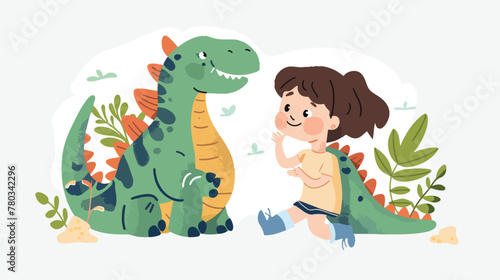 Hand drawn cute dinosaur girl isolated on white background