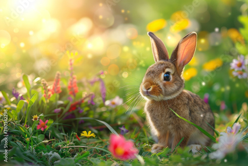 Cute little rabbit in the flower meadow, beautiful sunlight, warm colors, happy and cheerful