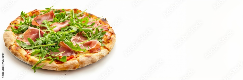 High-end gourmet pizza topped with prosciutto, arugula, and cheese, presented on a white background, symbolizing Italian cuisine banner copy space. Gourmet Pizza with Prosciutto and Arugula High-end gourmet pizza topped with prosciutto, arugula, and cheese, presented on a white background, symbolizing Italian cuisine banner copy space. Gourmet Pizza with Prosciutto and Arugula