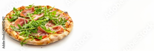 High-end gourmet pizza topped with prosciutto, arugula, and cheese, presented on a white background, symbolizing Italian cuisine banner copy space. Gourmet Pizza with Prosciutto and Arugula